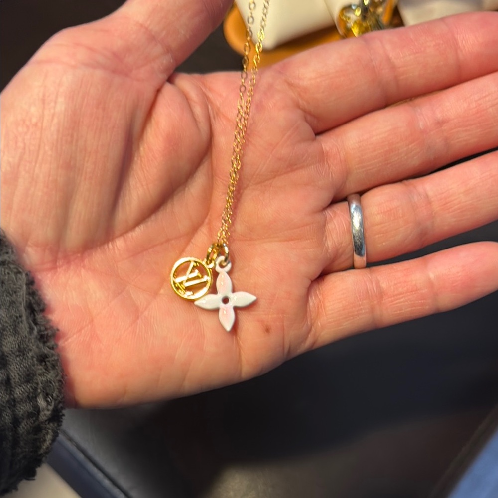 Gold and White Pendant LV authentic bag charms ona gold filled silver necklace.